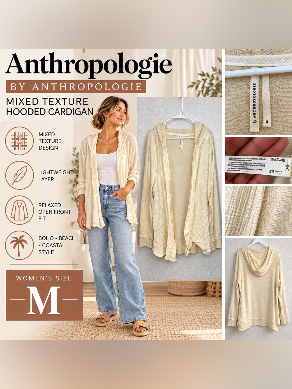 By Anthropologie Cream Mixed Texture Hooded Cardigan Women’s M Boho
